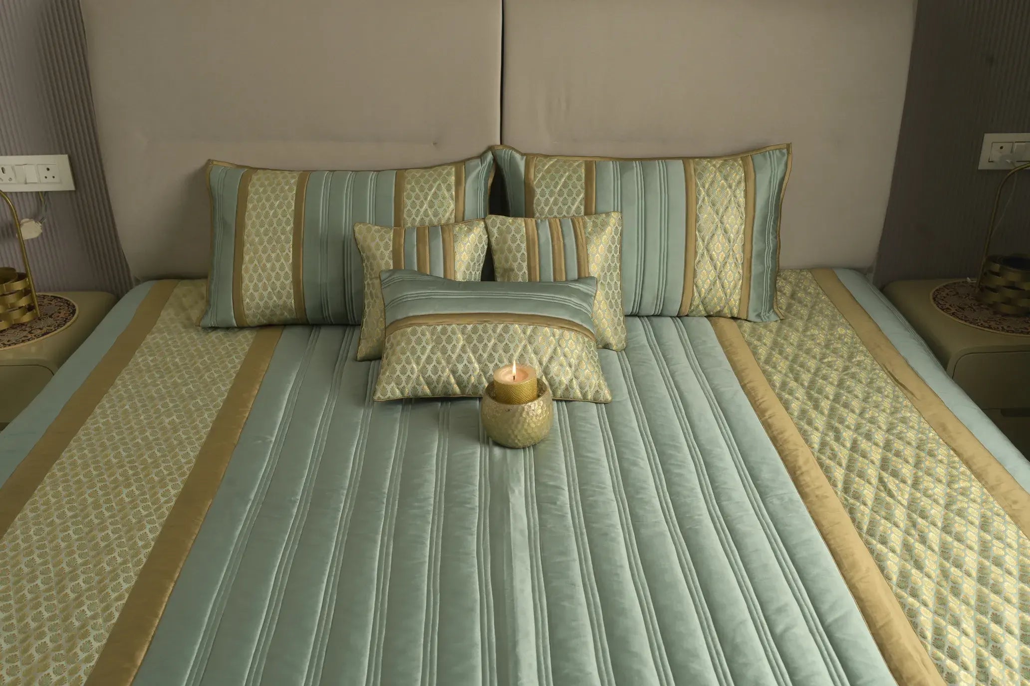 Aqua Gold Heritage Satin Bedcover