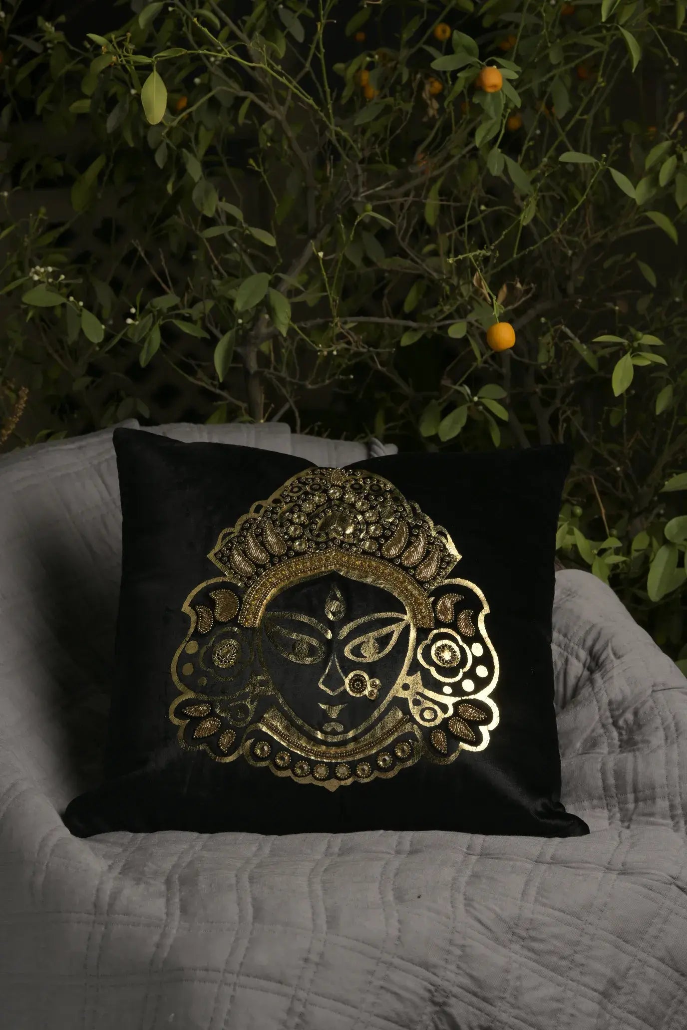 black velvet with golden blue embroidery
