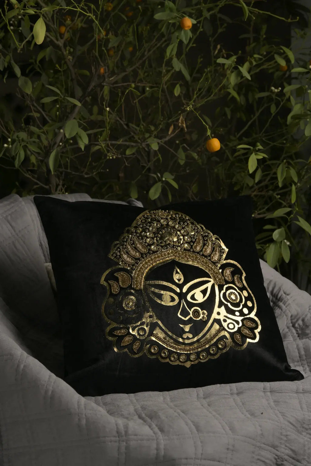 black velvet with golden blue embroidery