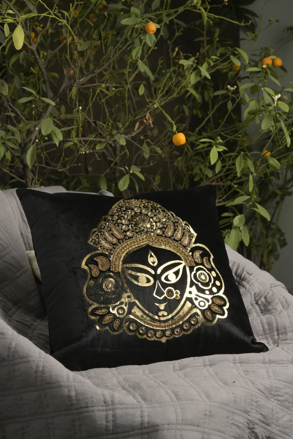 black velvet with golden blue embroidery