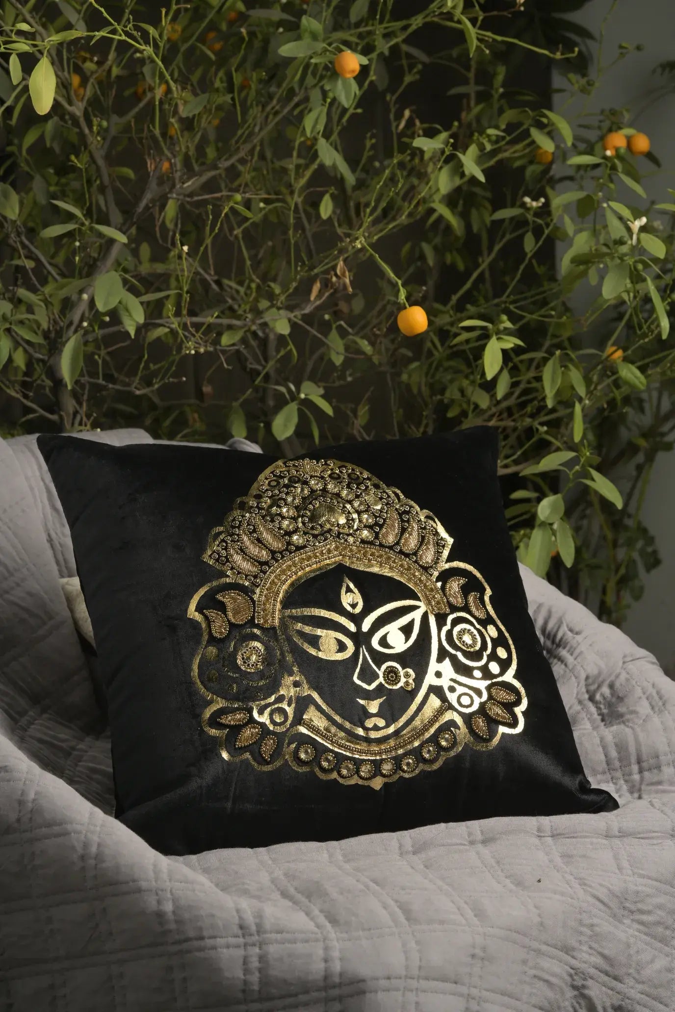 black velvet with golden blue embroidery
