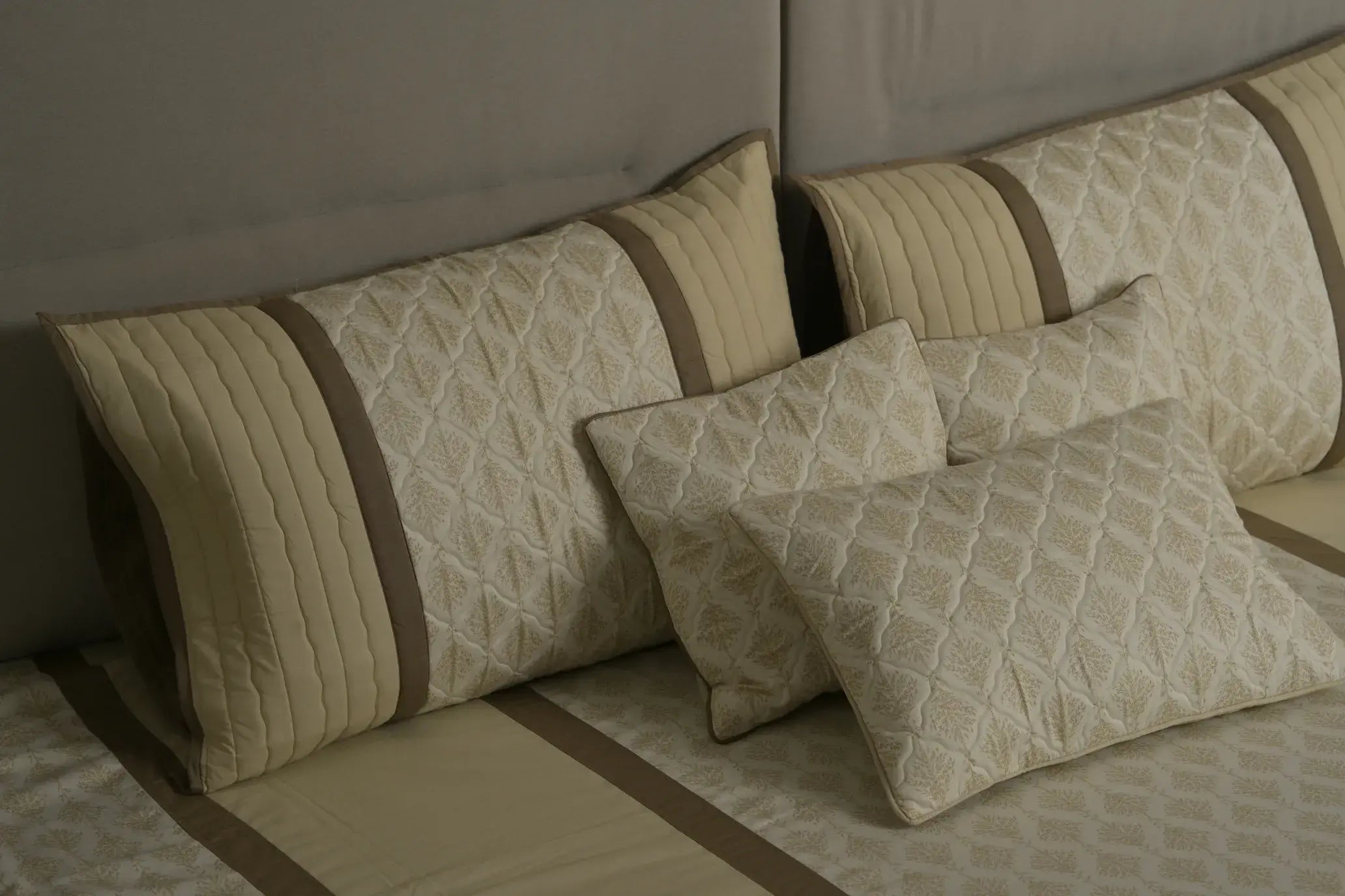 Cream Taupe Botanical Quilted Bedcover