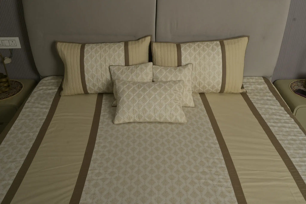 Cream Taupe Botanical Quilted Bedcover