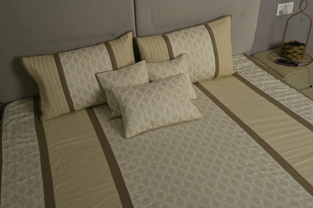 Cream Taupe Botanical Quilted Bedcover
