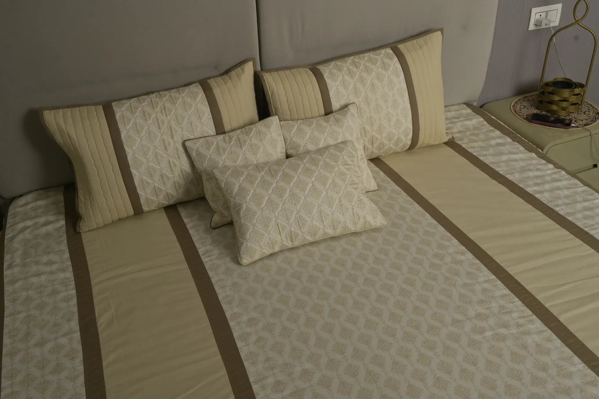 Cream Taupe Botanical Quilted Bedcover