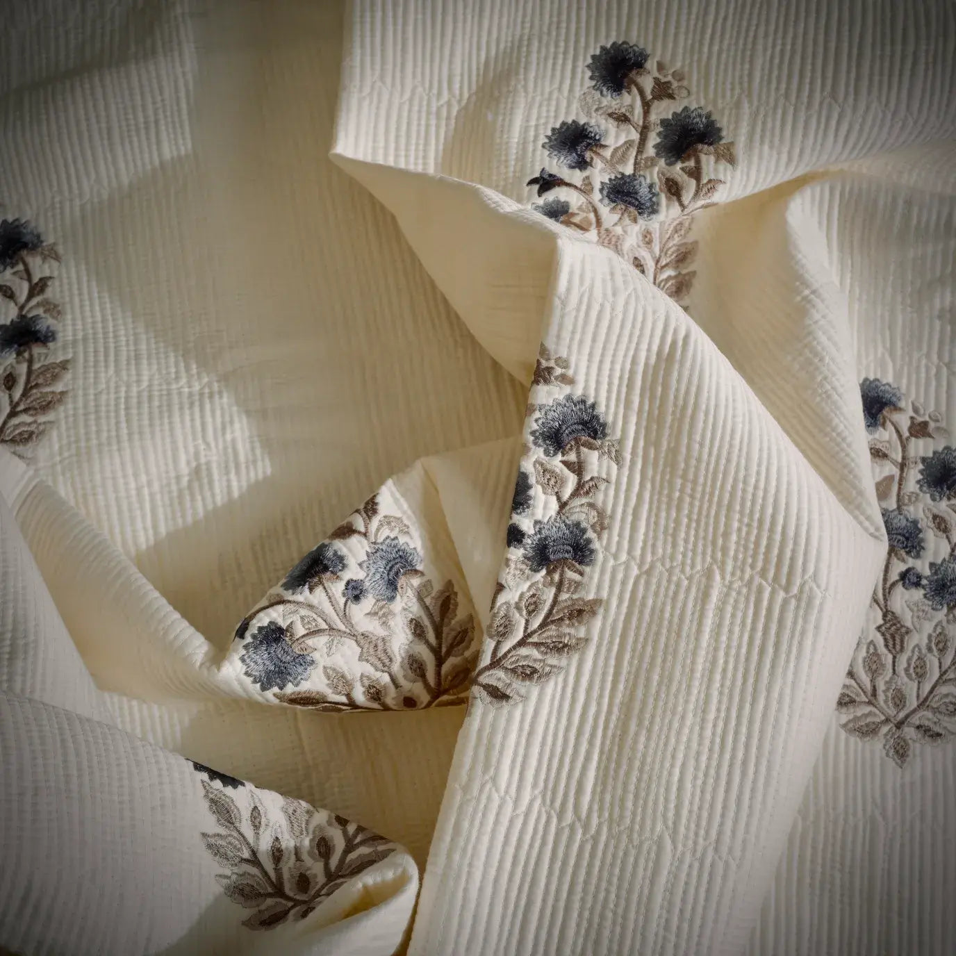 Ivory Bloom Embroidered Cotton Bedcover